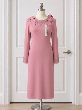 NWT Lily & Taylor Pink Knit Midi Dress Sz S Rhinestone Bow Long Sleeve Elegant